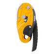 The Petzl RIG Compact Descender D021_ _00, a yellow and black device with curved handle and AUTO-LOCK system for climbing and rope access, is shown against a white background. Brand: Petzl.