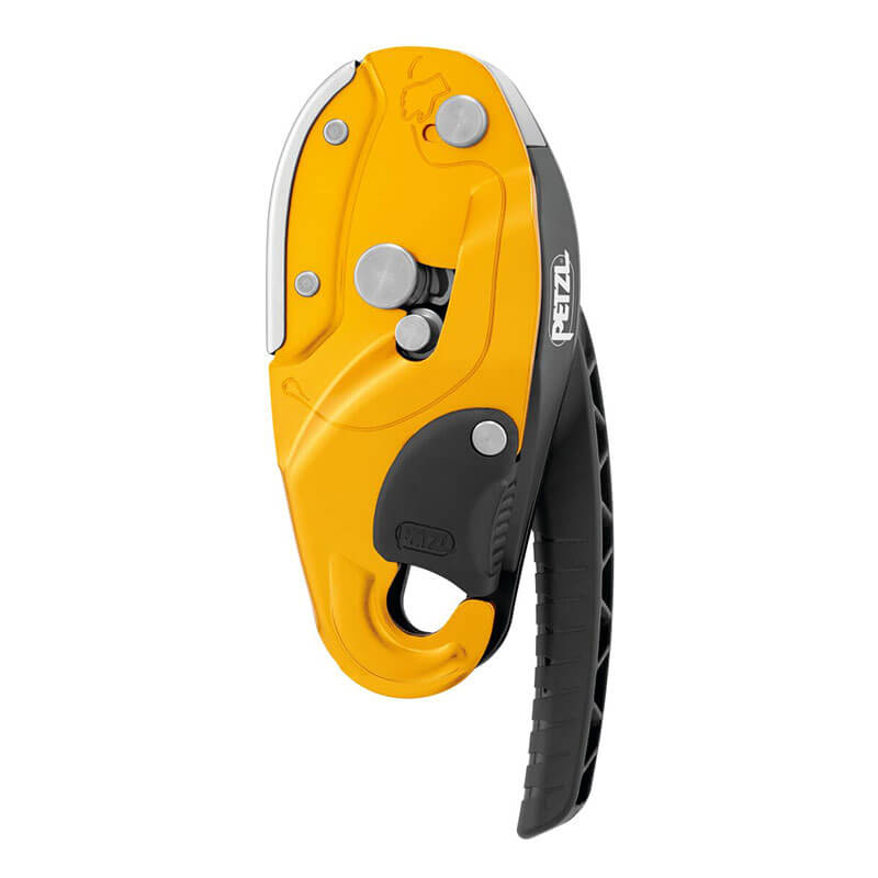The Petzl RIG Compact Descender D021_ _00, a yellow and black device with curved handle and AUTO-LOCK system for climbing and rope access, is shown against a white background. Brand: Petzl.