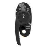 The Petzl RIG Compact Descender D021_ _00 features a control lever, lock, descent labels, safety certifications, and AUTO-LOCK technology for secure, efficient professional use.