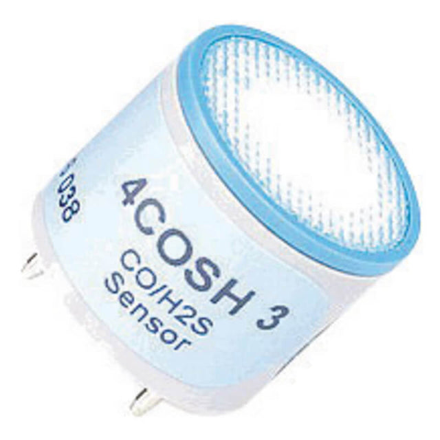 The BW Technologies by Honeywell Twin Tox Dual CO/H2S Sensor D4-RHM04 is a cylindrical sensor with a blue rim, white body, and metal base pins, designed to detect carbon monoxide and hydrogen sulfide.