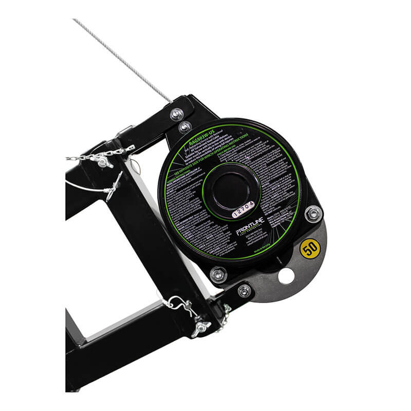 Close-up of a Frontline Patriot CS Davit with 3-Way Retrieval System by Frontline Fall Protection, featuring a black mechanical build, circular label, green accents, visible cable, and yellow "50" sticker on the metal plate for fall arrest and rescue.