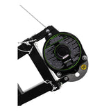 Close-up of a Frontline Patriot CS Davit with 3-Way Retrieval System by Frontline Fall Protection, featuring a black mechanical build, circular label, green accents, visible cable, and yellow "50" sticker on the metal plate for fall arrest and rescue.