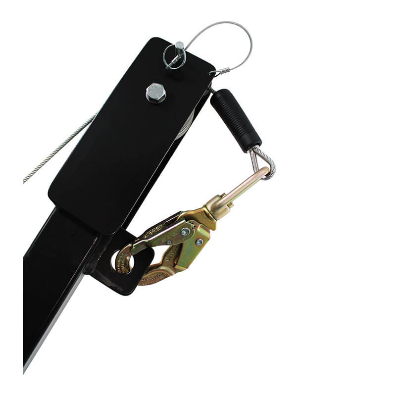 Close-up of the Frontline Patriot CS Davit with 3-Way Retrieval System by Frontline Fall Protection, showing a black metal bracket, bolt, attached wire cable, safety clip, and gold locking hook on a white background.