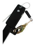 Close-up of the Frontline Patriot CS Davit with 3-Way Retrieval System by Frontline Fall Protection, showing a black metal bracket, bolt, attached wire cable, safety clip, and gold locking hook on a white background.