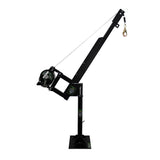 The Frontline Patriot CS Davit with 3-Way Retrieval System by Frontline Fall Protection is a black metal confined space crane with a winch, hooked cable, and square base, designed for safe lifting and lowering of heavy loads.