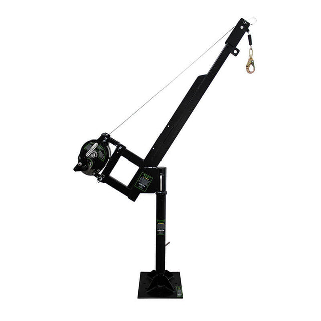 The Frontline Patriot CS Davit with 3-Way Retrieval System by Frontline Fall Protection is a black metal confined space crane with a winch, hooked cable, and square base, designed for safe lifting and lowering of heavy loads.