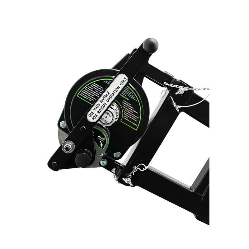 A close-up of the Frontline Patriot CS Davit with 3-Way Retrieval System by Frontline Fall Protection, featuring a black hand winch, turning handle, warning label, chain, and metal frame for manual fall arrest and rescue.