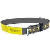 The 3M DBI-SALA Fall Protection product, named the DBI-SALA ExoFit Body Belt 1000716, is a gray industrial safety belt featuring a yellow label. It is specifically designed for fall protection and includes multiple metal grommets and a black buckle.