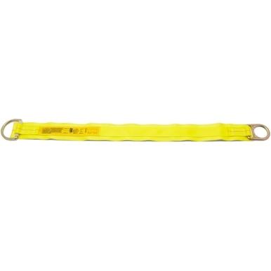 A yellow safety strap with metal rings on both ends, identified as the 3M DBI-SALA Fall Protection Webbing Tie-Off Adapter 100300, lies flat against a white background. Ideal for fall protection, it functions as a dependable anchorage connector.