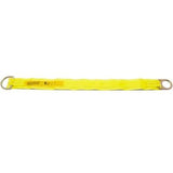 A yellow safety strap with metal rings on both ends, identified as the 3M DBI-SALA Fall Protection Webbing Tie-Off Adapter 100300, lies flat against a white background. Ideal for fall protection, it functions as a dependable anchorage connector.