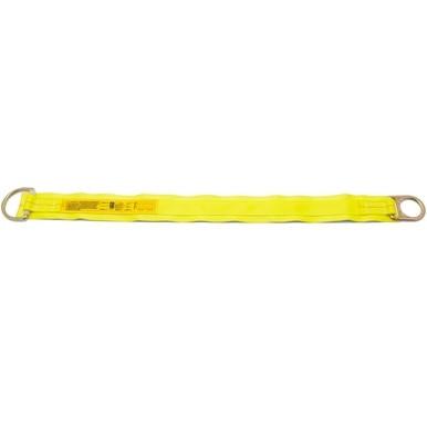 The DBI-SALA Webbing Tie-Off Adapter 100300 from 3M DBI-SALA Fall Protection is a bright yellow industrial lifting sling featuring metal rings at both ends. It includes safety labeling and serves as an anchorage connector for effective fall protection.