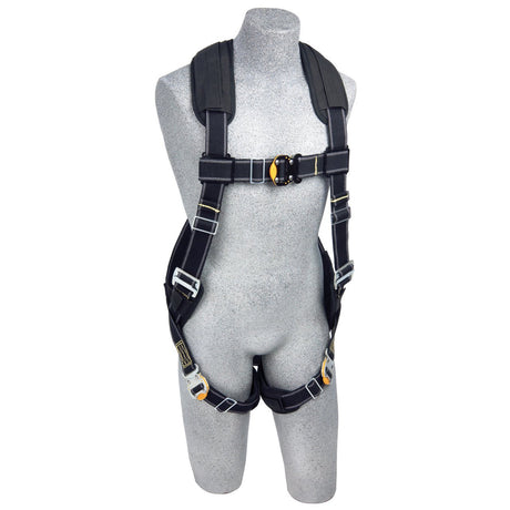 A gray mannequin wears a black 3M DBI-SALA ExoFit XP Comfort Arc Flash Harness, Quick Connect, featuring metal buckles and padded shoulder straps for added comfort. Created for industrial or construction purposes, this harness by 3M DBI-SALA Fall Protection includes adjustable straps and secure fastening points to ensure optimal safety and fit.