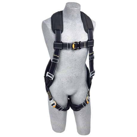 A gray mannequin is outfitted with a black 3M DBI-SALA ExoFit XP Comfort Arc Flash Harness, Quick Connect, featuring comfort padding, padded straps, and metallic buckles. Designed for fall protection by 3M DBI-SALA Fall Protection, this harness also offers adjustable chest and leg straps for enhanced safety and security.