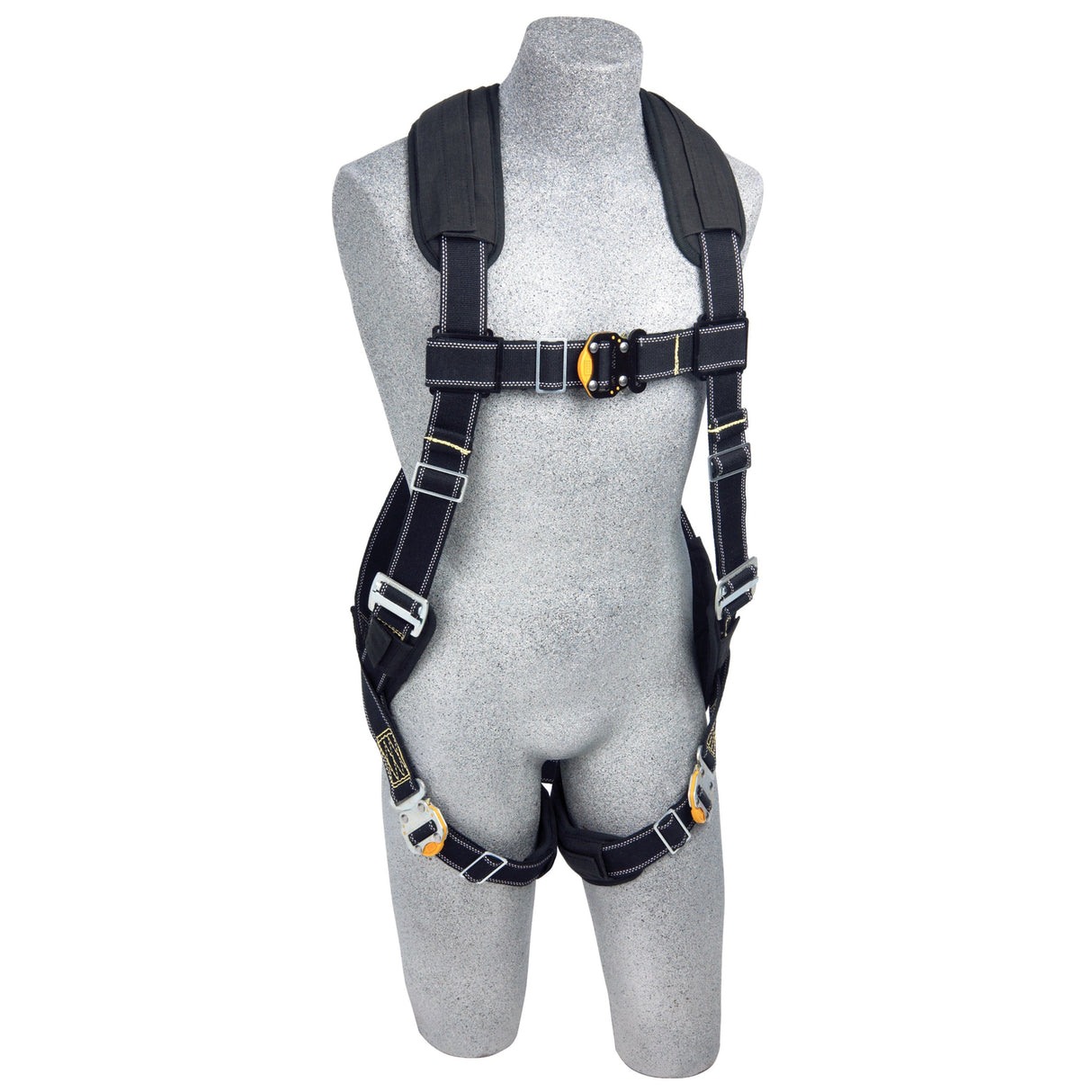 A gray mannequin presents a 3M DBI-SALA ExoFit XP Comfort Arc Flash Harness, Quick Connect from 3M DBI-SALA Fall Protection, highlighting its black safety features and padded shoulder straps equipped with metal buckles. The harness is designed with adjustable straps across the chest and legs, providing comfort and tailored protection in construction or industrial environments.