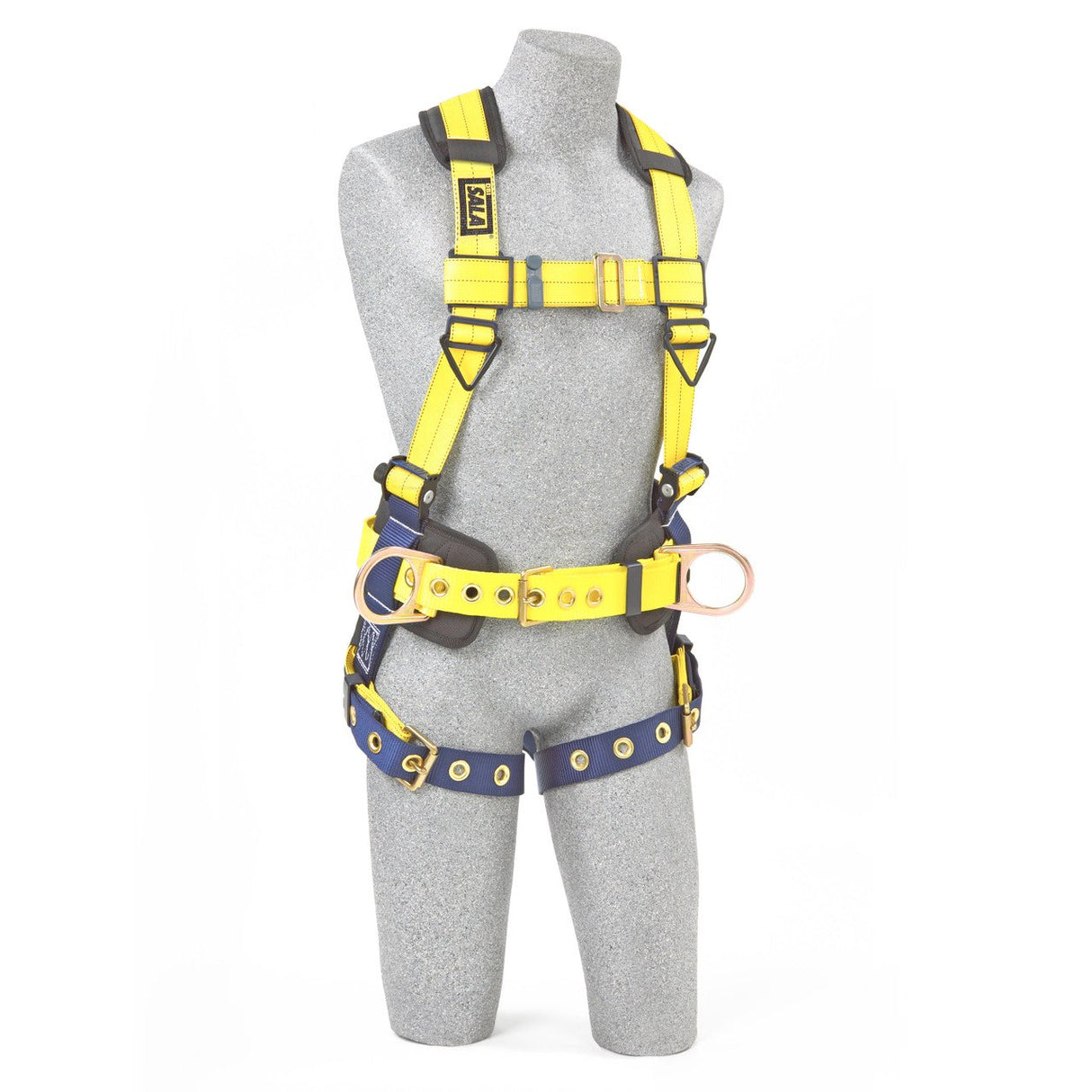 A stone mannequin showcases the 3M DBI-SALA Fall Protection's Delta full body harness in a striking yellow and black design. This harness, optimized for construction environments, features multiple adjustable straps and metal rings to ensure reliable fall protection. It is prominently displayed on the torso with back and side D-rings, a belt, and a tongue buckle for enhanced security in industrial settings.