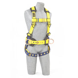 A stone mannequin showcases the 3M DBI-SALA Fall Protection's Delta full body harness in a striking yellow and black design. This harness, optimized for construction environments, features multiple adjustable straps and metal rings to ensure reliable fall protection. It is prominently displayed on the torso with back and side D-rings, a belt, and a tongue buckle for enhanced security in industrial settings.