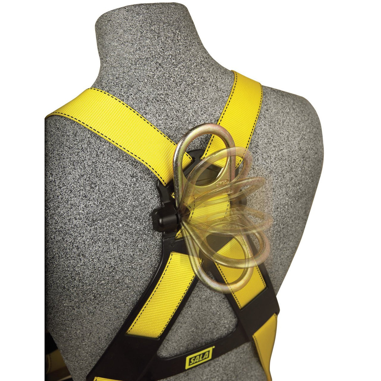 A Delta Back and Side D-Rings, Belt, Tongue Buckle Construction harness from 3M DBI-SALA Fall Protection is showcased on a gray mannequin torso. This yellow harness, perfect for construction applications, comes with black straps and a clear coiled tube attached to the back to ensure dependable fall protection.