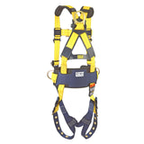 The 3M DBI-SALA Fall Protection Delta Back and Side D-Rings, Belt, Tongue Buckle Construction is a yellow and black full body harness designed for fall protection in construction settings. It features multiple straps and buckles, padded areas for comfort, and metal rings to secure attachments.