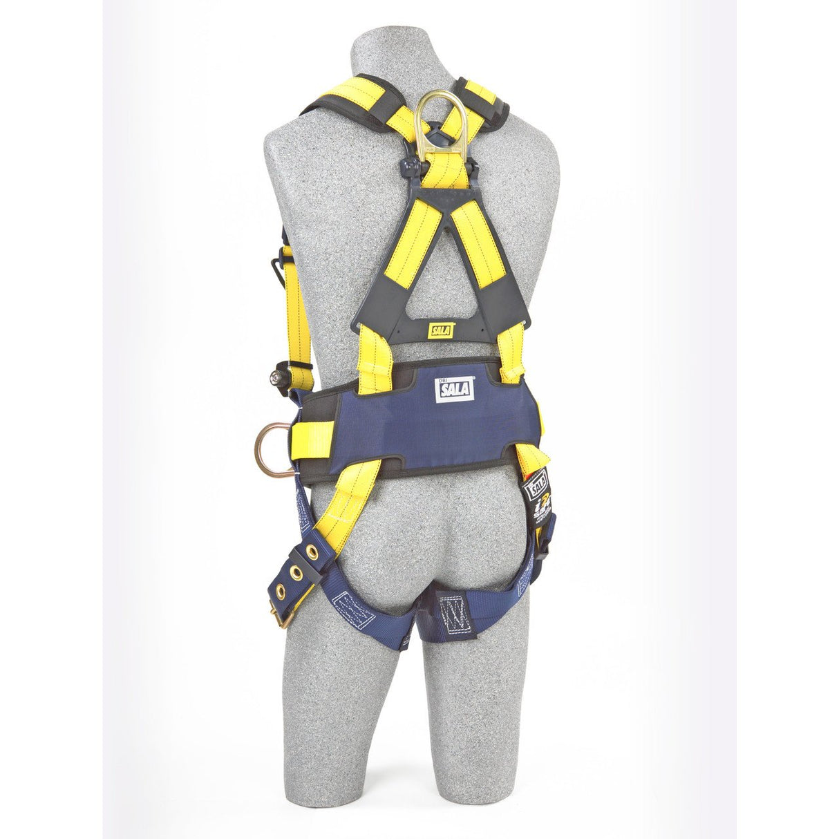 A gray mannequin displays the 3M DBI-SALA Fall Protection Delta Back and Side D-Rings, Belt, Tongue Buckle Construction harness. Ideal for construction applications, this fall protection equipment features yellow and black straps, adjustable buckles, metal D-rings, and a blue padded waist belt. The mannequin is shown from the back view.