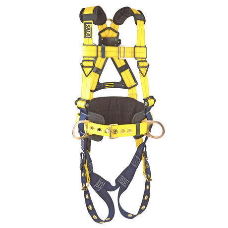 Introducing the Delta Back and Side D-Rings, Belt, Tongue Buckle Construction by 3M DBI-SALA Fall Protection: a full body harness in eye-catching yellow and black with blue leg straps. Specifically designed for construction applications, this harness features adjustable straps, durable metal rings, and padded areas to enhance comfort and support. It offers reliable fall protection with a secure fit for working at heights.