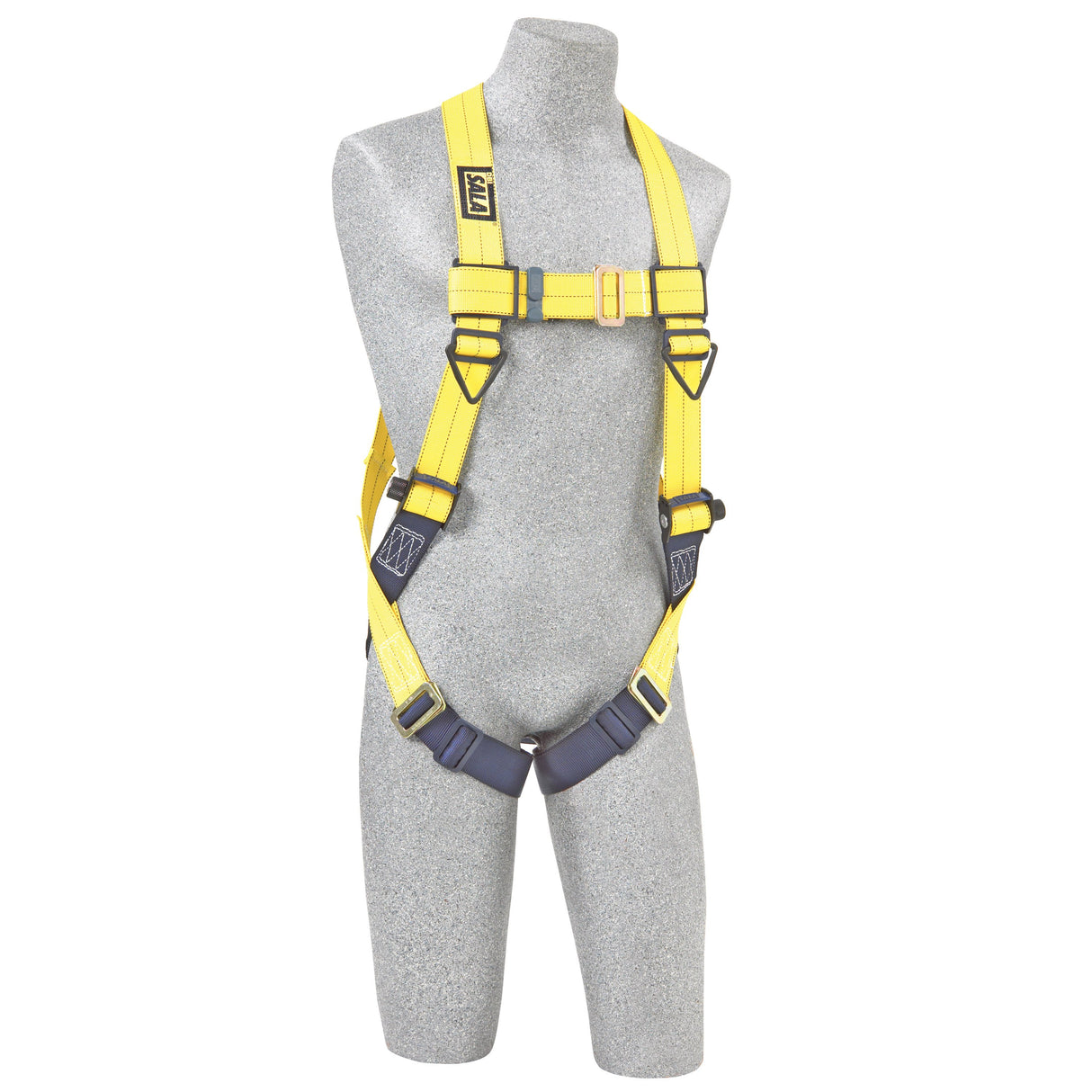 The 3M DBI-SALA Delta Vest-Style Harness, Pass-Through is showcased on a gray mannequin torso. Known for its no-tangle design, it includes adjustable straps and corrosion-resistant hardware, complemented by black padding on the leg loops. This harness is crafted by 3M DBI-SALA Fall Protection to offer safety and support in industrial or construction work environments.