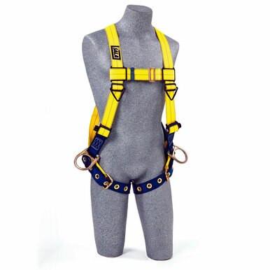 The 3M DBI-SALA Fall Protection Delta No-Tangle Vest Back & Side D-Ring Harness is displayed on a gray torso mannequin, showcasing vibrant yellow straps with blue padding for enhanced comfort. Designed for fall protection in work environments, it features multiple metal rings for secure attachment and optimized ease of use.