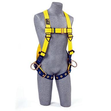 A mannequin showcases the 3M DBI-SALA Fall Protection Delta No-Tangle Vest Back & Side D-Ring Harness in vibrant yellow and blue, featuring metal rings and adjustable straps. Designed for ultimate harness comfort and effective fall protection, this gear ensures optimal safety in any work environment.