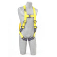 A gray mannequin showcases a bright yellow 3M DBI-SALA Delta Vest Positioning Safety Harness, featuring black straps and corrosion-resistant hardware. The safety harness is secured around the model's torso and legs, boasting a central ring for reliable attachments.