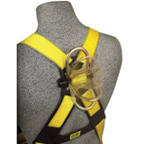 A gray mannequin sports a bright yellow and black 3M DBI-SALA Delta Vest Positioning Safety Harness with a device attached to the back. Featuring corrosion-resistant hardware, the setup is completed by transparent tubes coiled neatly, securely integrated into the harness structure.