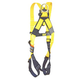 A 3M DBI-SALA Delta Vest Positioning Safety Harness, from the 3M DBI-SALA Fall Protection line, featuring corrosion-resistant hardware in striking yellow and black, is set against a white background. It includes adjustable straps, metal buckles, and an attachment ring designed for optimal fall protection.