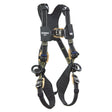 The DBI-SALA ExoFit NEX Comfort Arc Flash Vest Positioning Harness by 3M DBI-SALA Fall Protection features black and tan padding, metal buckles, and yellow stitching for body support and protection.