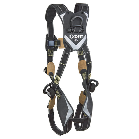 The DBI-SALA ExoFit NEX Comfort Arc Flash Vest Positioning Harness by 3M DBI-SALA Fall Protection is a black and grey harness with yellow stitching. It features multiple adjustable straps, buckles, and padding, specifically designed for fall protection and working at heights.