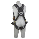 A gray mannequin displays a 3M DBI-SALA Fall Protection product, the DBI-SALA ExoFit NEX Comfort Arc Flash Vest Positioning Harness, artistically crafted in black and gray for industrial or construction applications. This harness is equipped with numerous straps, buckles, and a back metal ring attachment to ensure maximum security in challenging environments.