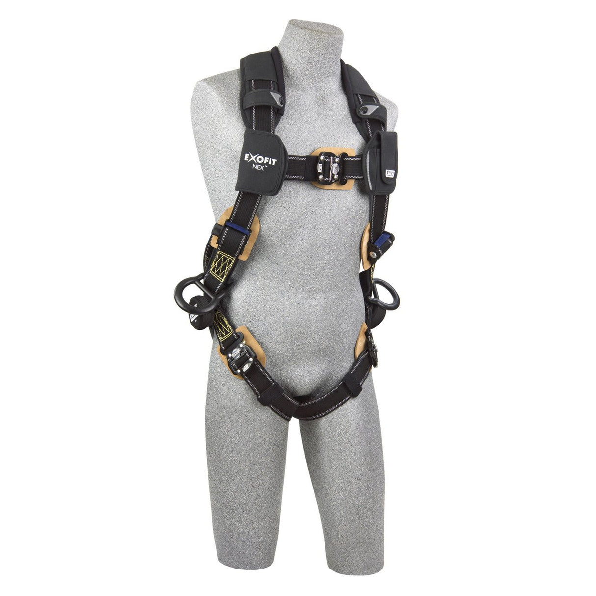 A gray mannequin showcases a black safety harness with padded shoulder straps and multiple buckles, featuring the "DBI-SALA ExoFit NEX Comfort Arc Flash Vest Positioning Harness" branding prominently on the chest strap. This versatile harness, part of the 3M DBI-SALA Fall Protection line, ensures safety and comfort in industrial or construction settings.