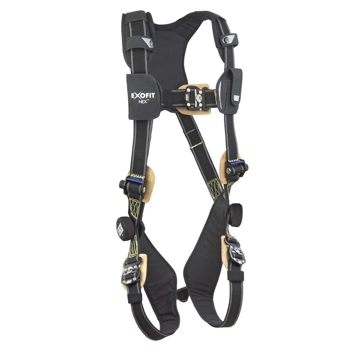 The 3M DBI-SALA ExoFit NEX Comfort Arc Flash Vest Safety Harness, Dual Lok, features black straps, tan padding, and metal buckles. Manufactured by 3M DBI-SALA Fall Protection, this harness is specifically designed for fall protection in construction or maintenance settings. It offers a lightweight and adjustable design to ensure a secure fit.