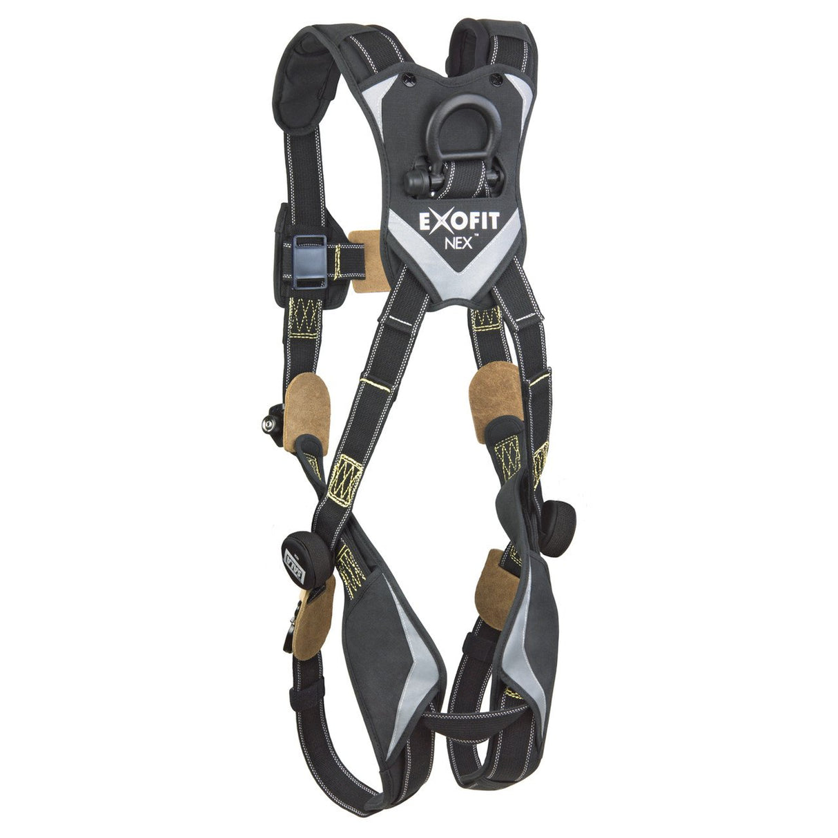 The 3M DBI-SALA ExoFit NEX Comfort Arc Flash Vest Safety Harness boasts a sleek black and gray design with yellow stitching and includes padded shoulder straps for enhanced comfort. It features a large D-ring on the back and multiple adjustable buckles, ensuring its ergonomic design provides secure fall protection. An ideal choice for an Arc Flash Vest to enhance safety, it is manufactured by 3M DBI-SALA Fall Protection.