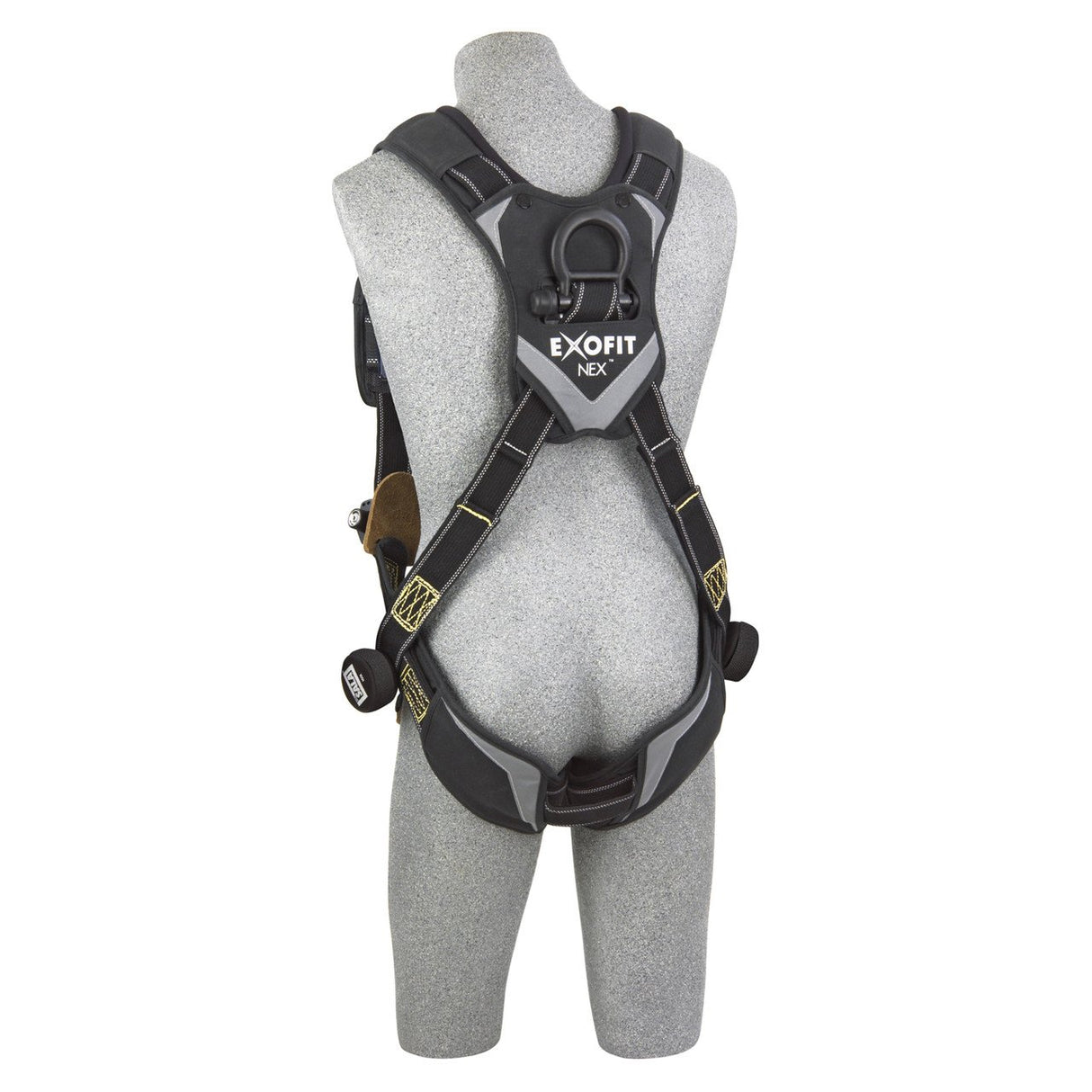 A grey mannequin displays a black 3M DBI-SALA ExoFit NEX Comfort Arc Flash Vest Safety Harness by 3M DBI-SALA Fall Protection, featuring adjustable shoulder, chest, and leg straps with metal buckles. This premium harness includes yellow accents and a back D-ring for fall protection, ensuring top-notch security in demanding conditions.