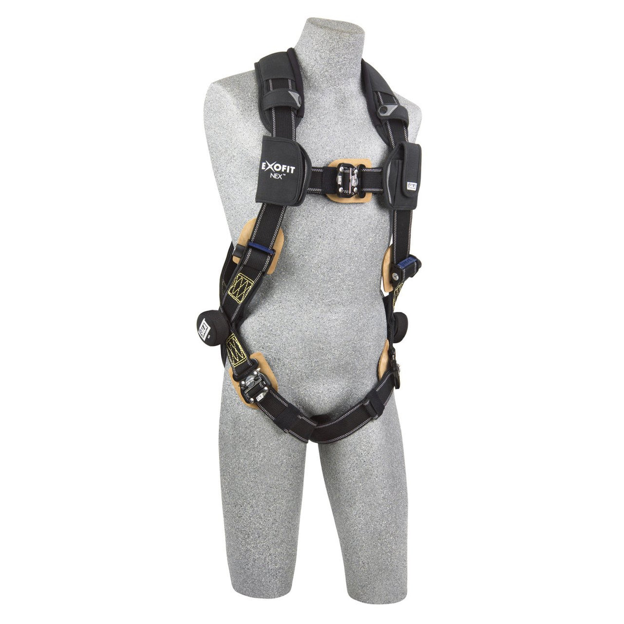 A gray mannequin presents the 3M DBI-SALA ExoFit NEX Comfort Arc Flash Vest Safety Harness, featuring black straps, silver buckles, and padded shoulders. The "ExoFit NEX" label is prominently displayed on the front of this essential dual lok safety harness from 3M DBI-SALA Fall Protection.