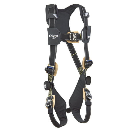 Image of a 3M DBI-SALA ExoFit NEX Comfort Arc Flash Vest Safety Harness, Dual Lok, featuring adjustable straps and metal buckles in black and tan. Engineered for fall protection by 3M DBI-SALA Fall Protection, this robust harness promises safety in high-risk environments, expertly merging functionality with reliability.