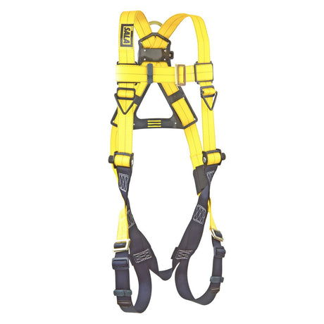 The 3M DBI-SALA Delta Vest-Style Harness, Pass-Through is a yellow and black safety product from 3M DBI-SALA Fall Protection. It features adjustable straps and corrosion-resistant hardware, designed specifically for personal fall protection. With reinforced stitching, secure attachment points, and a no-tangle design, this harness ensures ease of use.