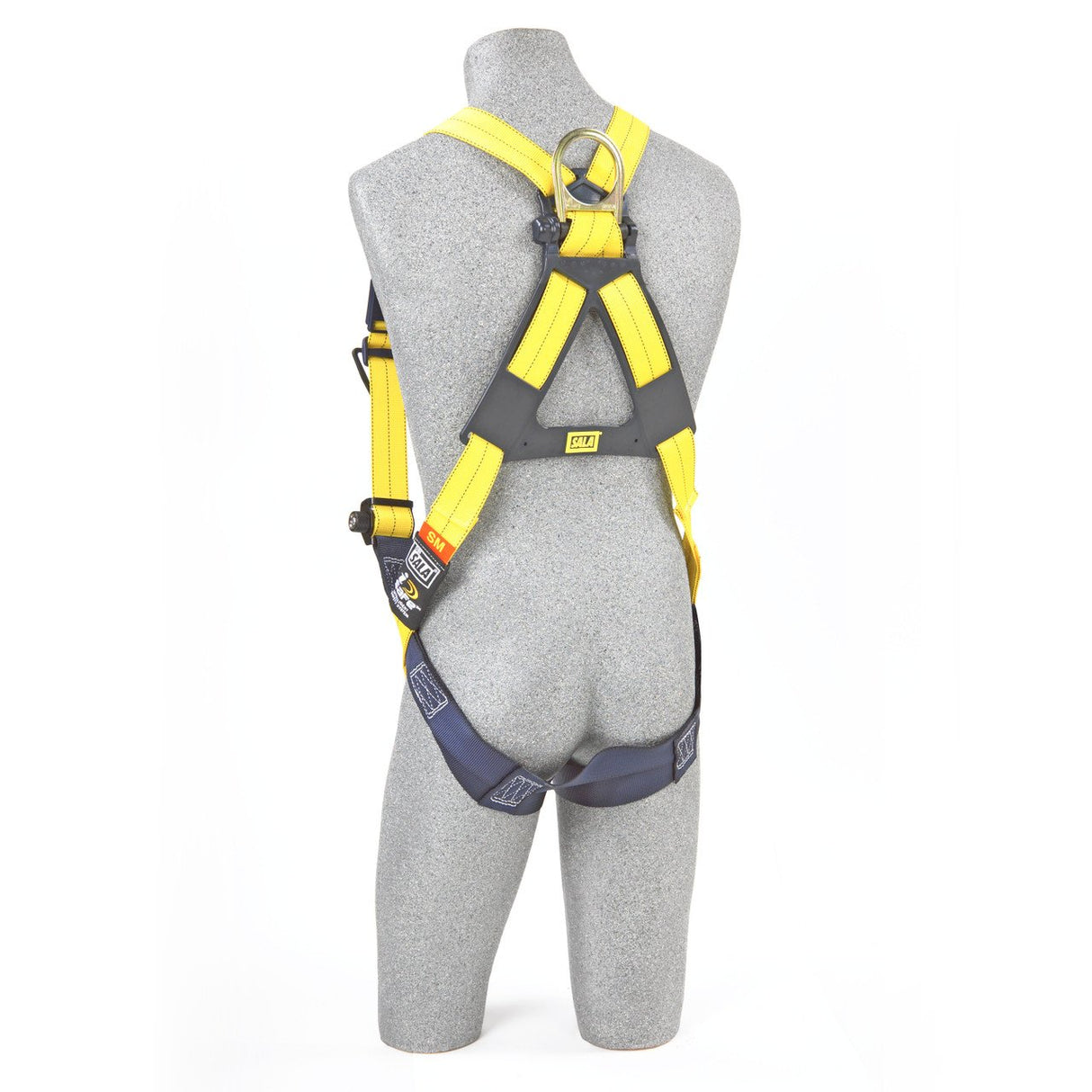 A gray mannequin is showcasing a 3M DBI-SALA Delta Vest-Style Harness in yellow and black. This safety harness, featuring a no-tangle design, includes adjustable straps and corrosion-resistant hardware, along with a metal ring on the back for fall protection.