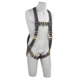 A gray mannequin displays the 3M DBI-SALA Delta Vest-Style Welder's Harness 110462_, highlighting its black safety design with corrosion-resistant hardware. Metallic buckles and adjustable straps secure the torso and legs, all set against a plain white background.