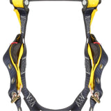 Close-up image of the 3M DBI-SALA Delta Vest-Style Welder's Harness 110462_, showcasing its yellow and black straps equipped with metal buckles and clips. The corrosion-resistant hardware from 3M DBI-SALA Fall Protection ensures durability, while the adjustable straps offer secure fastening, making it ideal for climbing or construction work. The background is a plain white.