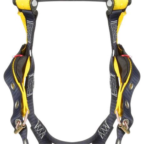 Close-up image of the 3M DBI-SALA Delta Vest-Style Welder's Harness 110462_, showcasing its yellow and black straps equipped with metal buckles and clips. The corrosion-resistant hardware from 3M DBI-SALA Fall Protection ensures durability, while the adjustable straps offer secure fastening, making it ideal for climbing or construction work. The background is a plain white.