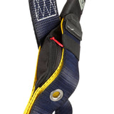 Close-up of a blue and yellow 3M DBI-SALA Delta Vest-Style Welder's Harness strap featuring a small zipped pocket and a red pull tab. The detailed view highlights reinforced stitching, corrosion-resistant hardware, and a metal grommet for attachment.