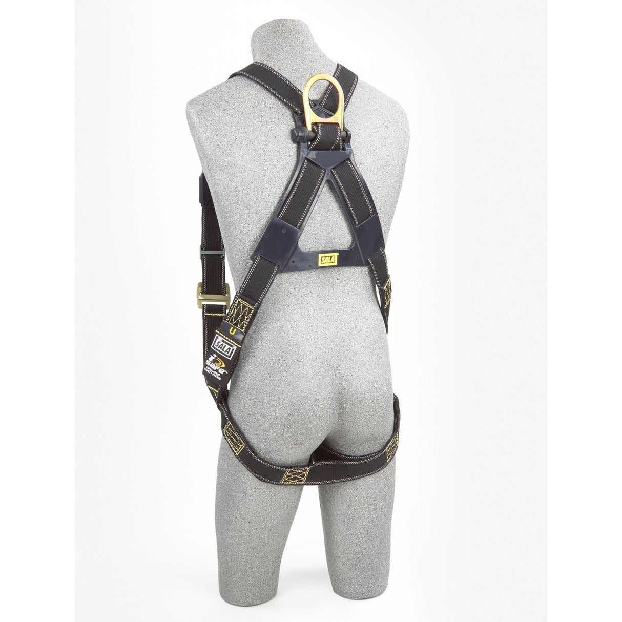 A gray mannequin dressed in a 3M DBI-SALA Delta Vest-Style Welder's Harness 110462_ stands in profile against a white background. This harness, black and yellow in color, is ideal for welders and features corrosion-resistant hardware with buckles, straps, and adjustment points to ensure optimal fall protection.