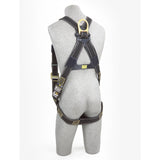 A gray mannequin dressed in a 3M DBI-SALA Delta Vest-Style Welder's Harness 110462_ stands in profile against a white background. This harness, black and yellow in color, is ideal for welders and features corrosion-resistant hardware with buckles, straps, and adjustment points to ensure optimal fall protection.