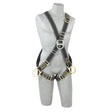 A gray mannequin showcases the 3M DBI-SALA Delta Cross-Over Style Welder's Positioning Harness, which features silver and gold metal rings and adjustments. The Nomex/Kevlar fiber padded straps cross the chest and legs for a secure fit, making it an ideal choice for those needing a dependable welder's positioning harness.