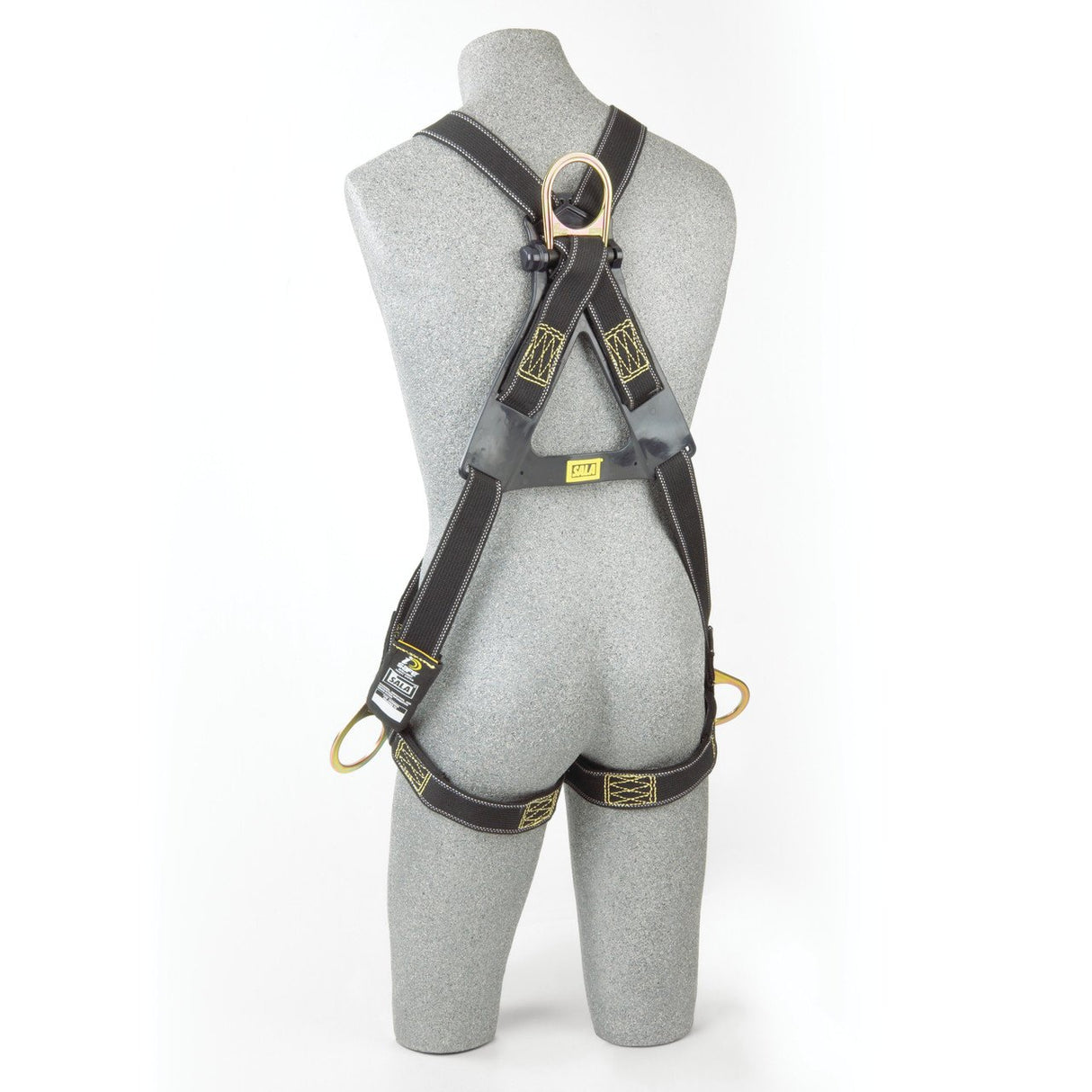 A grey mannequin is displayed against a white background wearing the 3M DBI-SALA Delta Cross-Over Style Welder's Positioning Harness. This black safety harness with yellow stitching from 3M DBI-SALA Fall Protection features metal rings and adjustable straps, crafted from durable Nomex/Kevlar fiber webbing, ensuring secure attachment in demanding industrial environments.