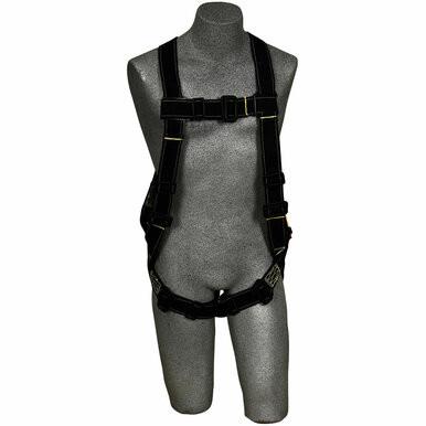 A gray mannequin is dressed in a black Delta Back D-Ring Non-Conductive Welder's Harness 1105475 by 3M DBI-SALA Fall Protection. This flame-resistant harness, made from durable Nomex/Kevlar, includes multiple adjustable straps and buckles to provide secure support for activities such as climbing or construction work.